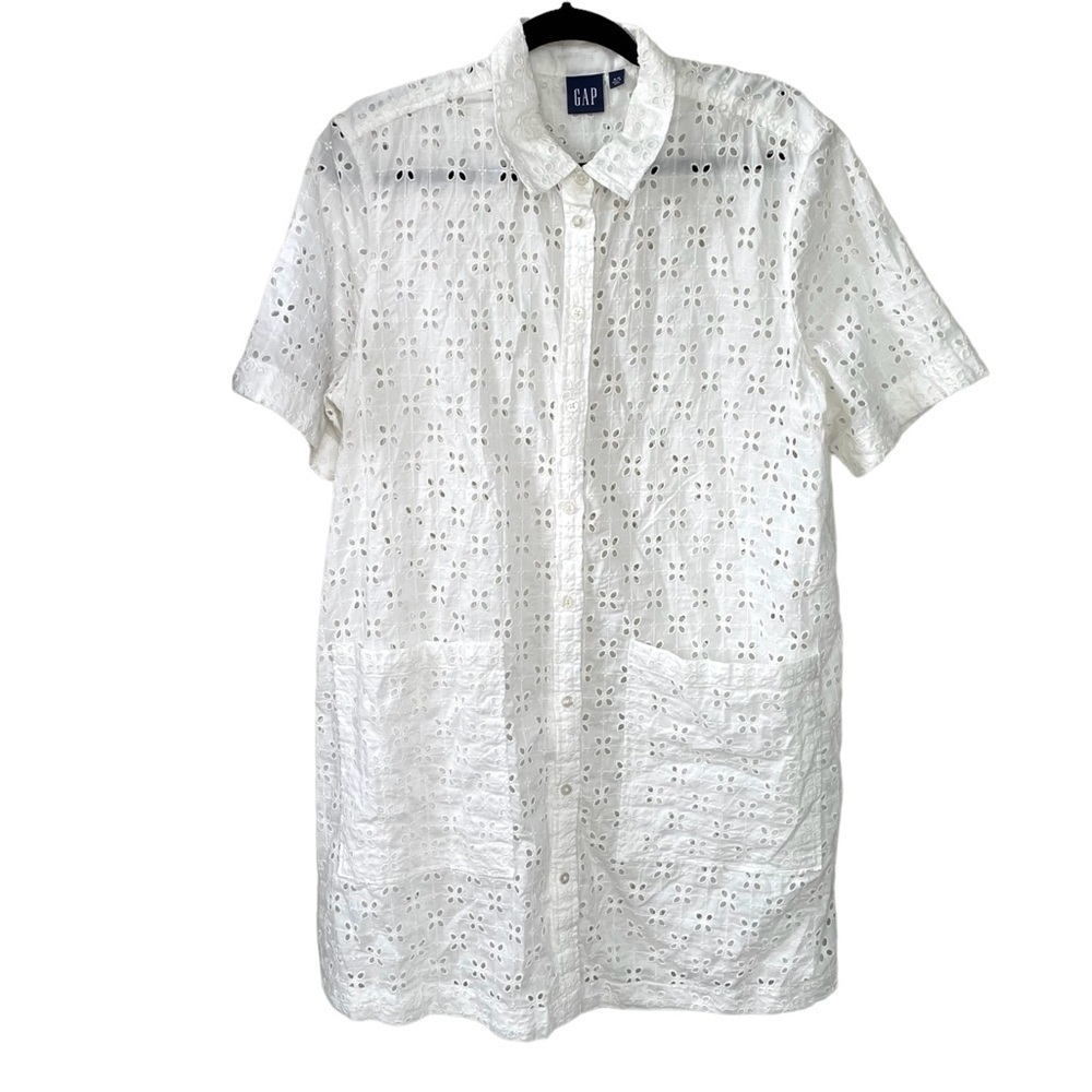 GAP Cotton Eyelet Button Front Short Sleeve Mini Shirtdress Coverup White XL